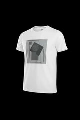 White cotton 3d abstract t-shirt with a geometric gray graphic print on the front
