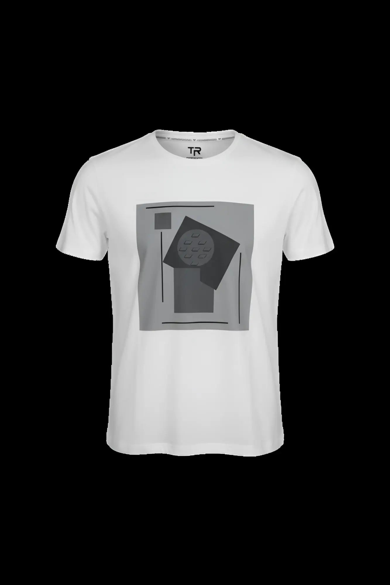 White short-sleeved 3d abstract t-shirt with gray geometric graphic print featuring shapes and lines