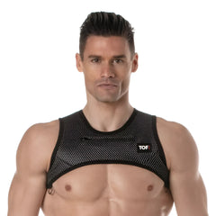 Black mesh 3d zipped pocket harness with small front pocket and tof logo on upper right side