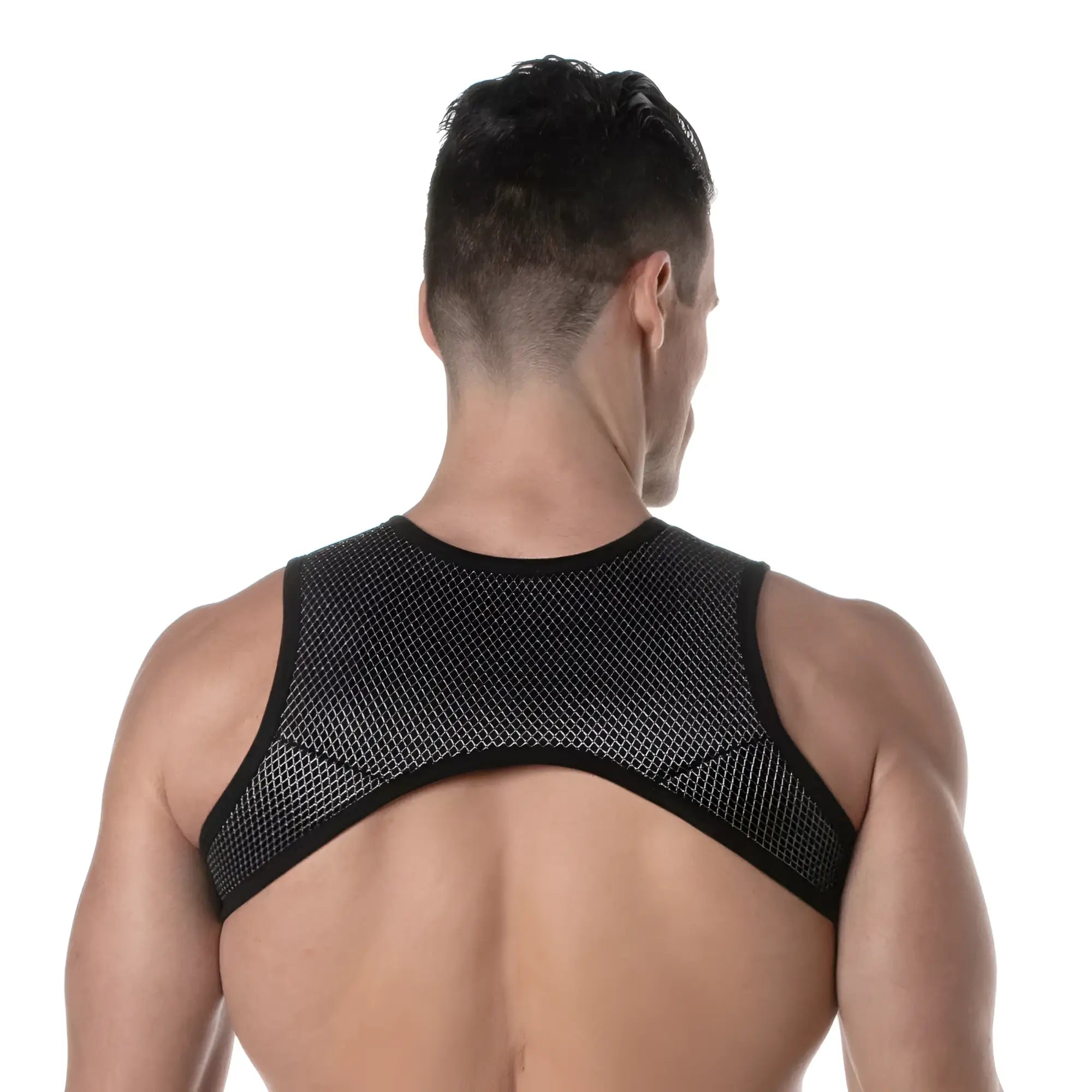 Black mesh back support with a sleek form-fitting design on the 3d zipped pocket harness back side