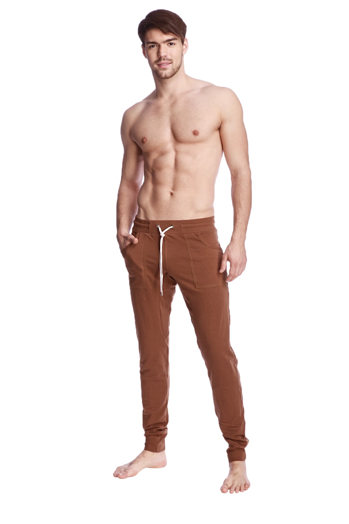 Long cuffed jogger and yoga sweat pants in chocolate brown with white drawstring and side pockets