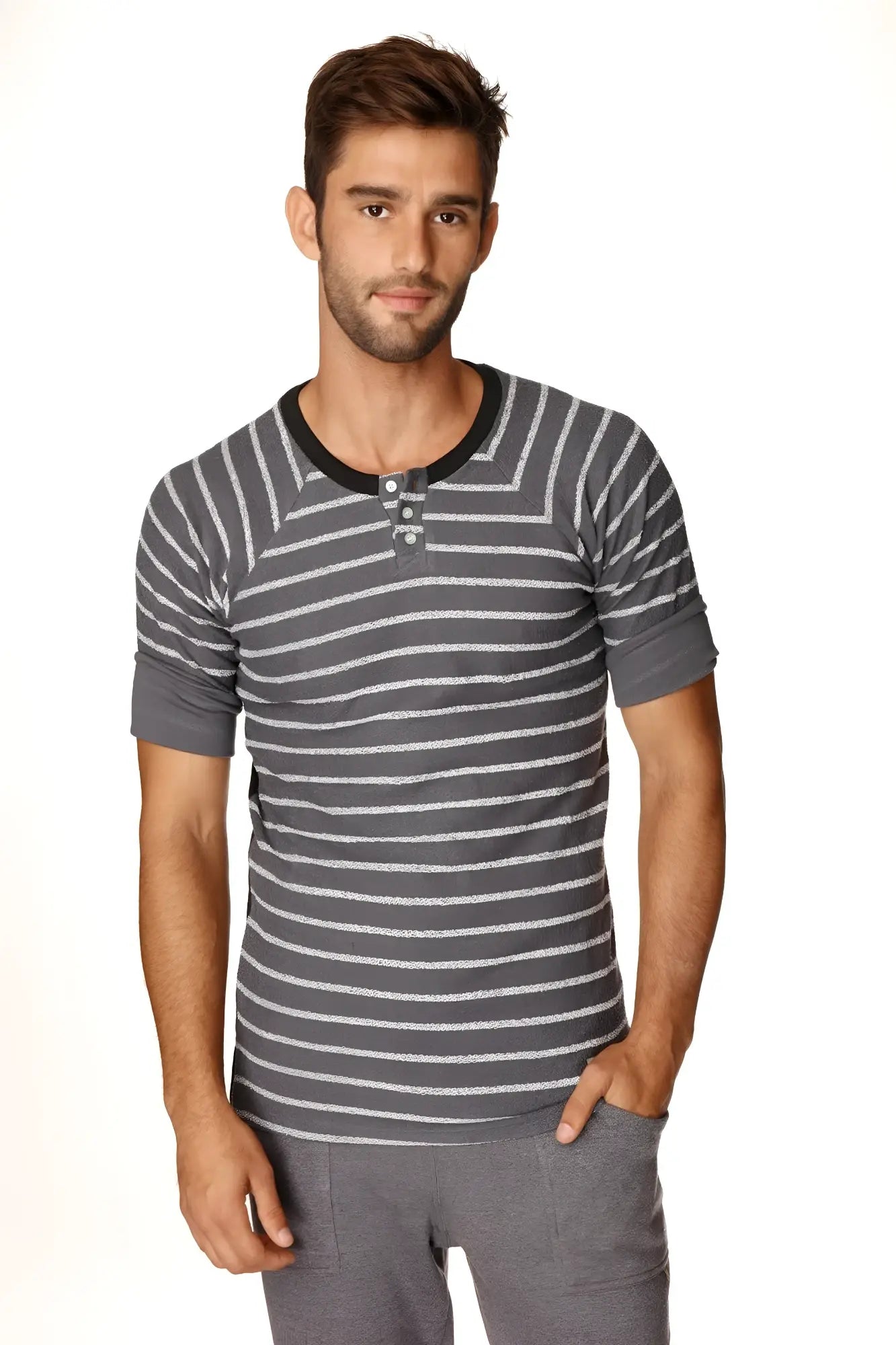Mens vintage-stripe henley tee in french terry loop charcoal with gray and white stripes and black ribbed collar