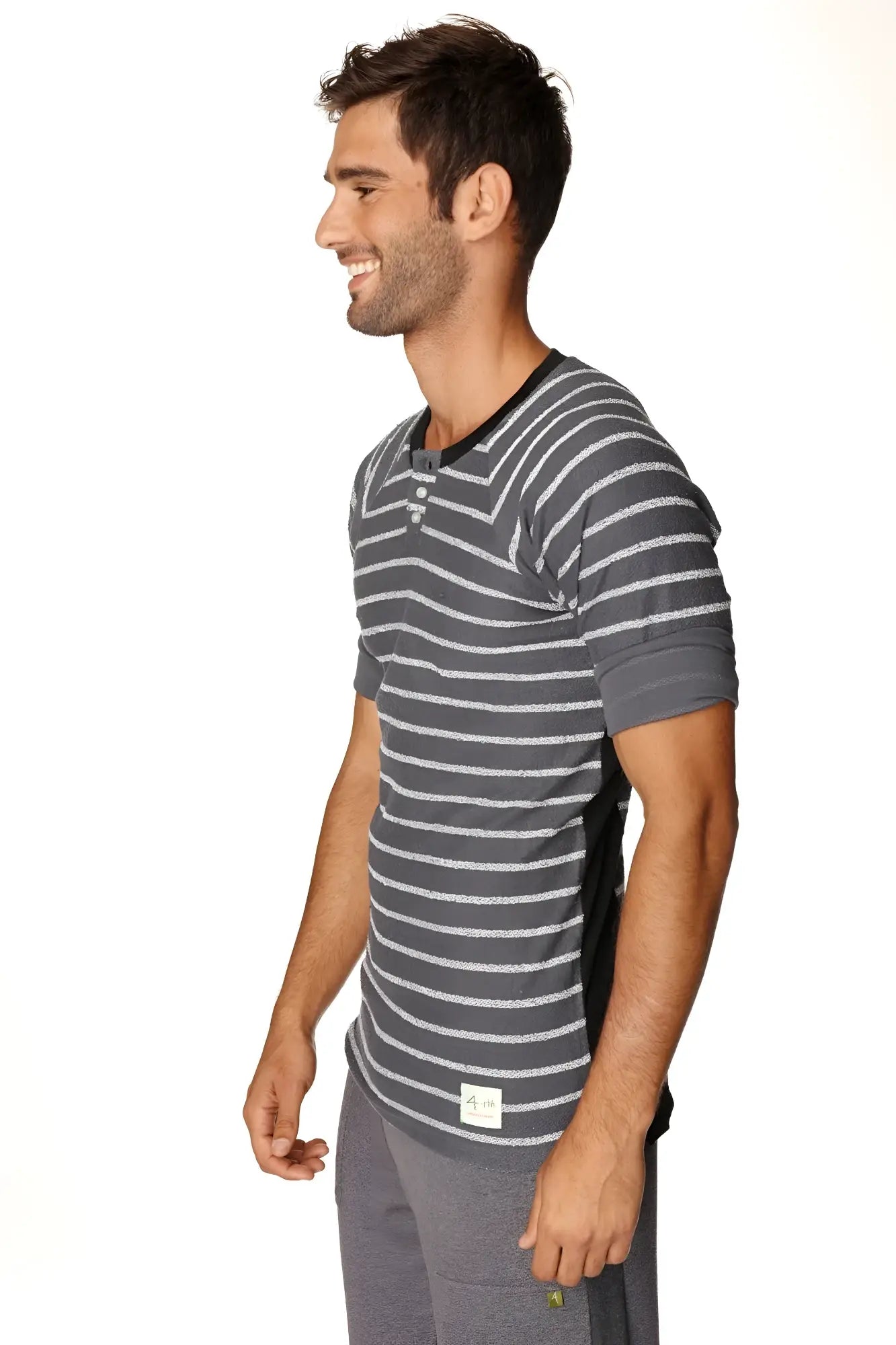 Gray and white striped short-sleeved henley shirt with black collar in charcoal french terry loop fabric by 4-rth