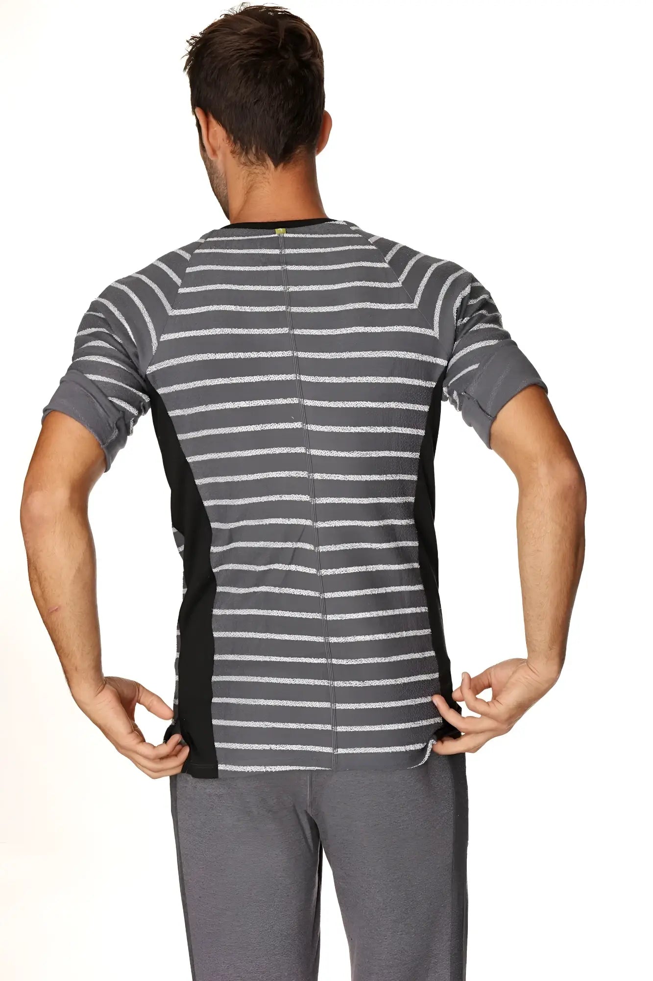 4-rth mens vintage-stripe henley tee charcoal with stripe gray and white striped short sleeve french terry loop shirt