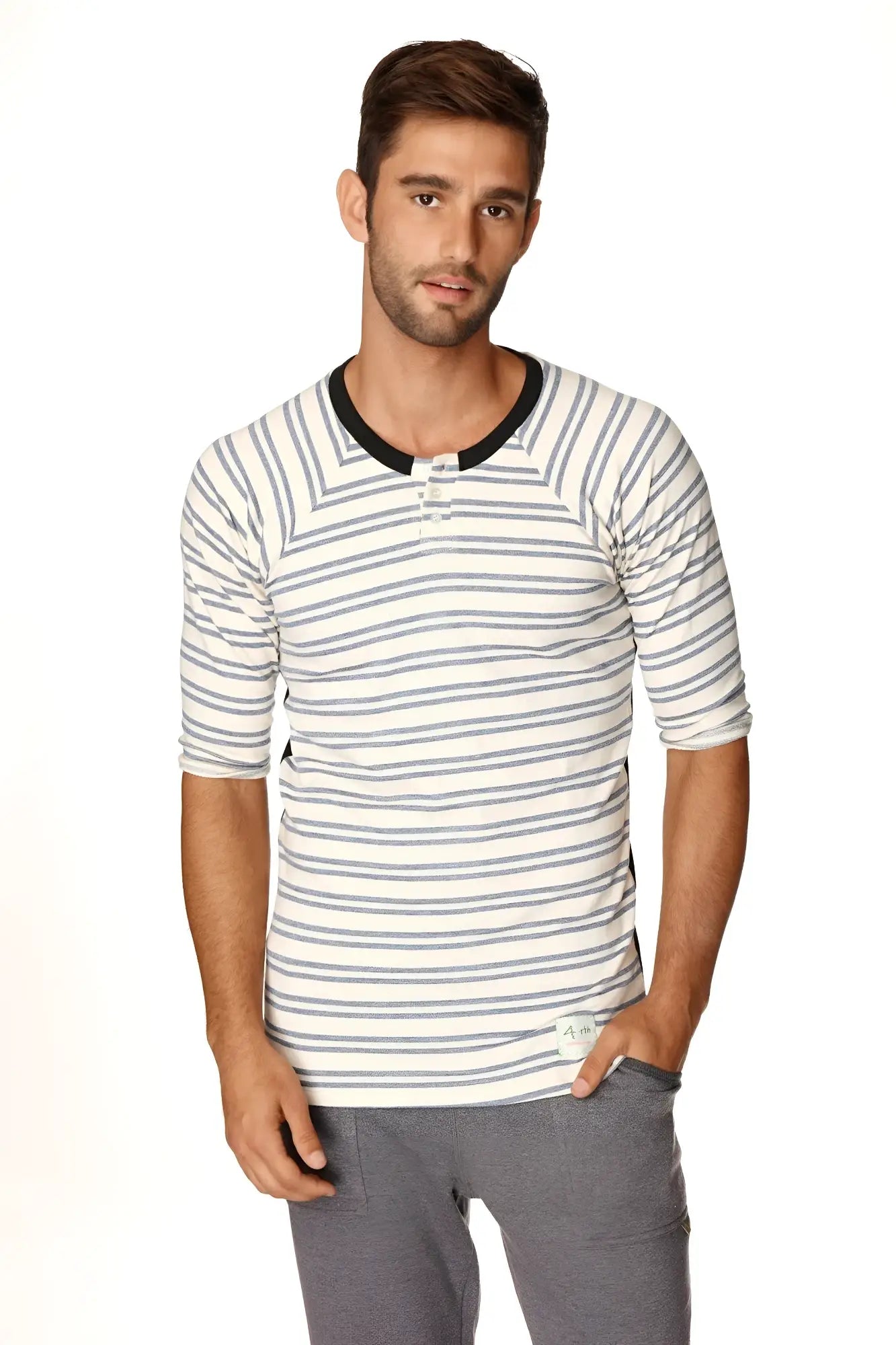 A men’s vintage-stripe henley tee in white and gray french terry loop with black ribbed collar and three-quarter sleeves