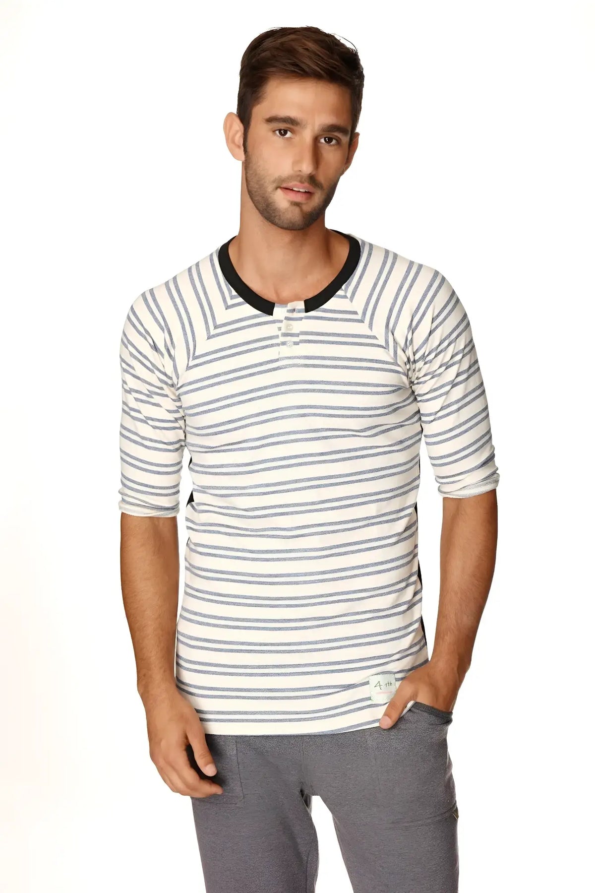 A men’s vintage-stripe henley tee in white and gray french terry loop with black ribbed collar and three-quarter sleeves