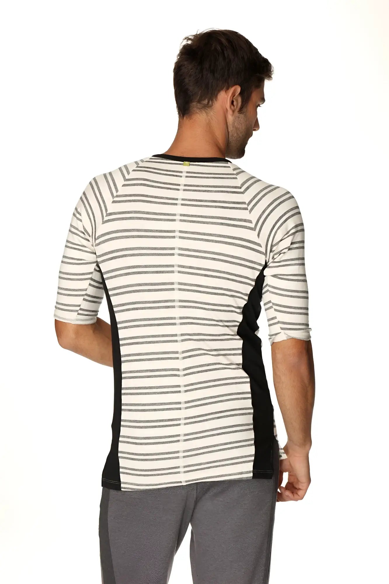 4-rth mens vintage-stripe henley tee with white and gray stripes, black side panels, green button, in french terry loop