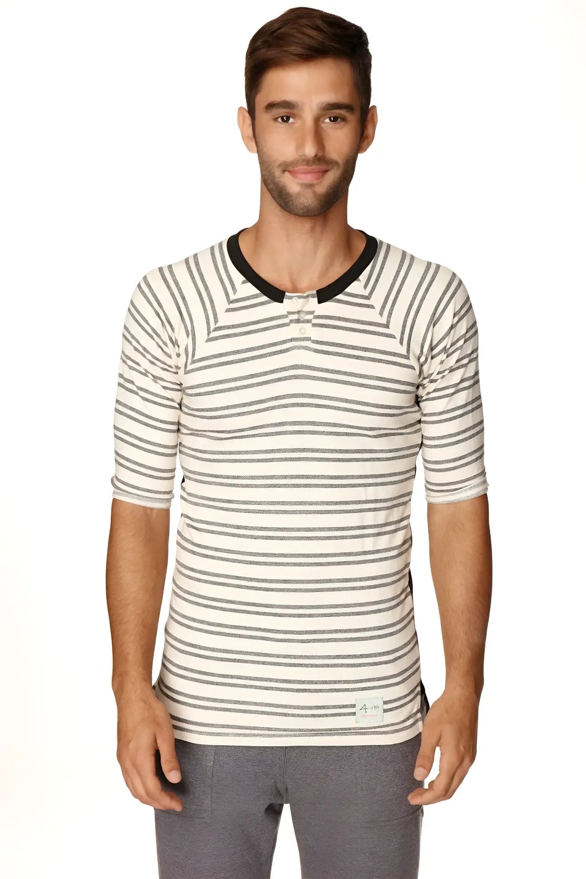 4-rth mens vintage-stripe henley tee in dark grey double stripe french terry loop with black collar and brand tag