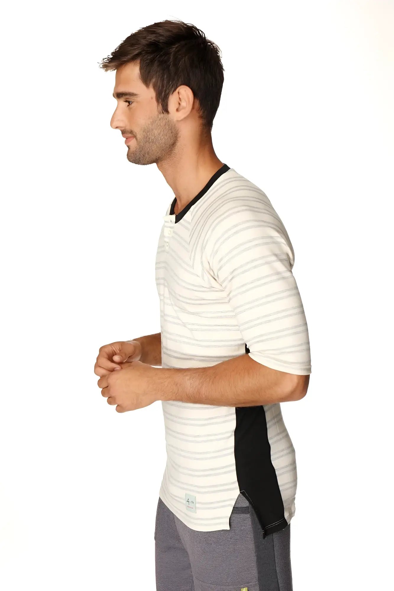 4-rth mens vintage-stripe henley tee in french terry loop with grey double stripes black collar and side panels