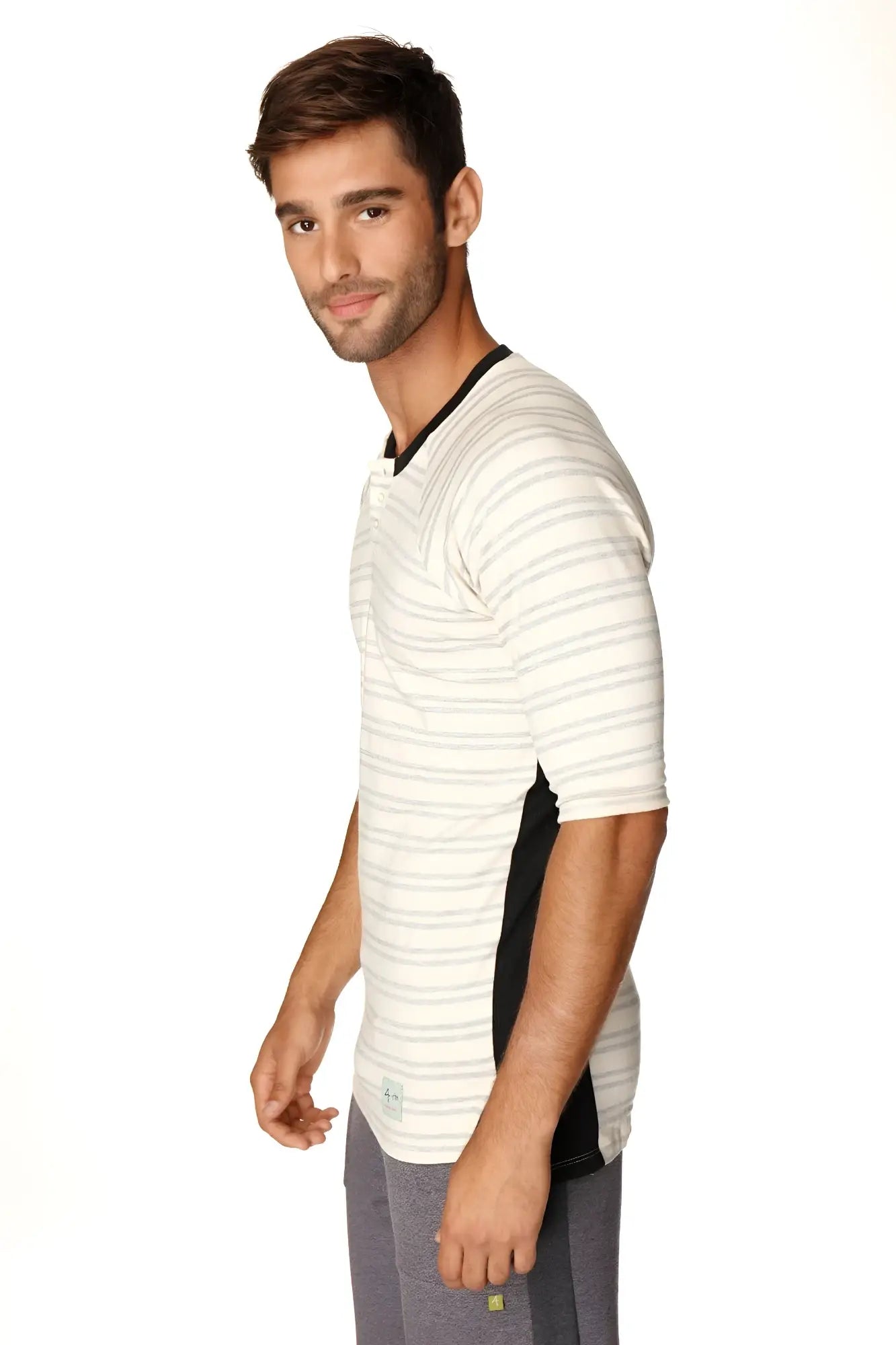 4-rth mens vintage-stripe henley tee in french terry loop with gray double stripes black panels and green logo