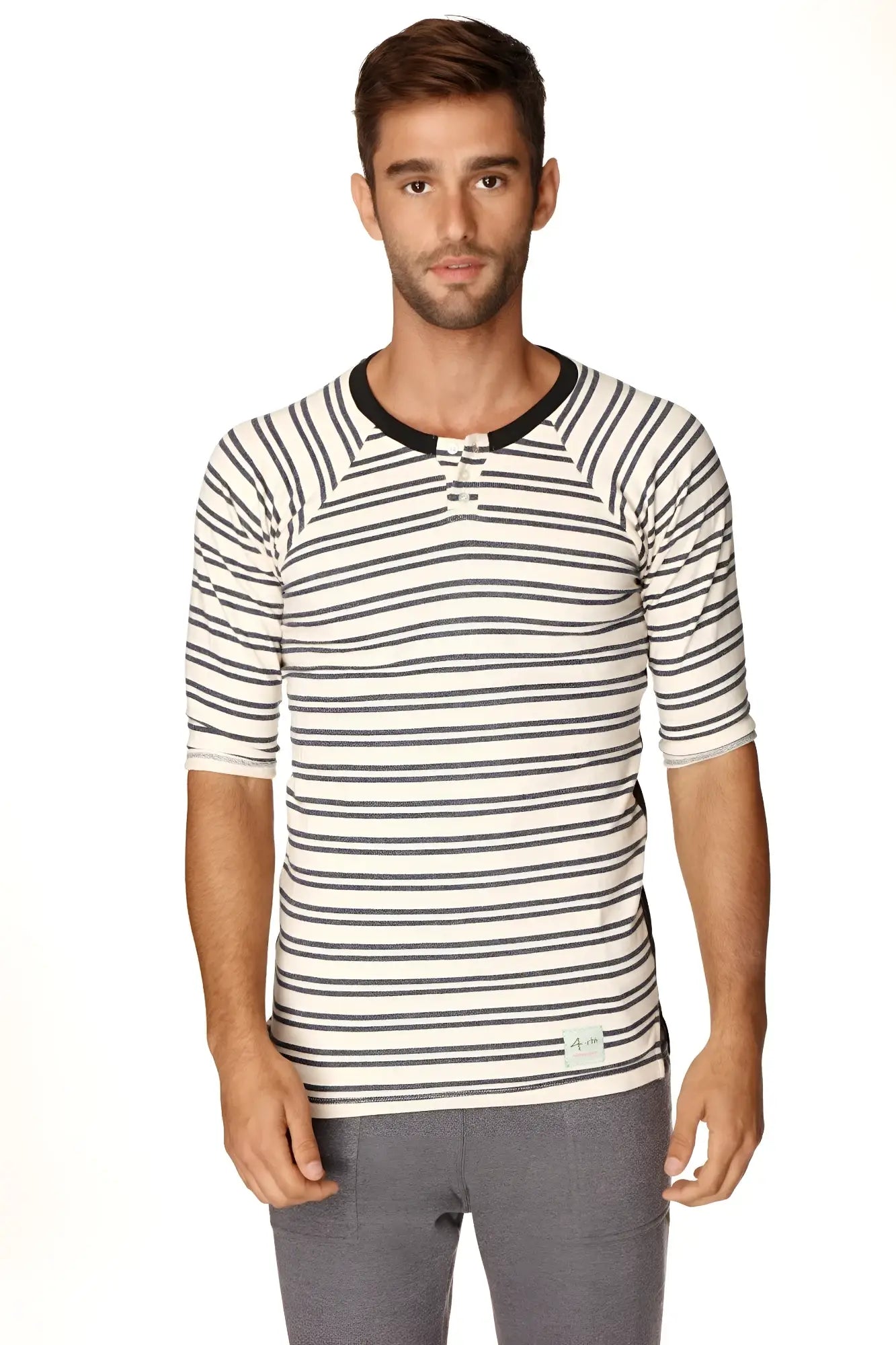 A men’s short-sleeved white and black striped henley shirt with ribbed collar and three-button placket in French Terry