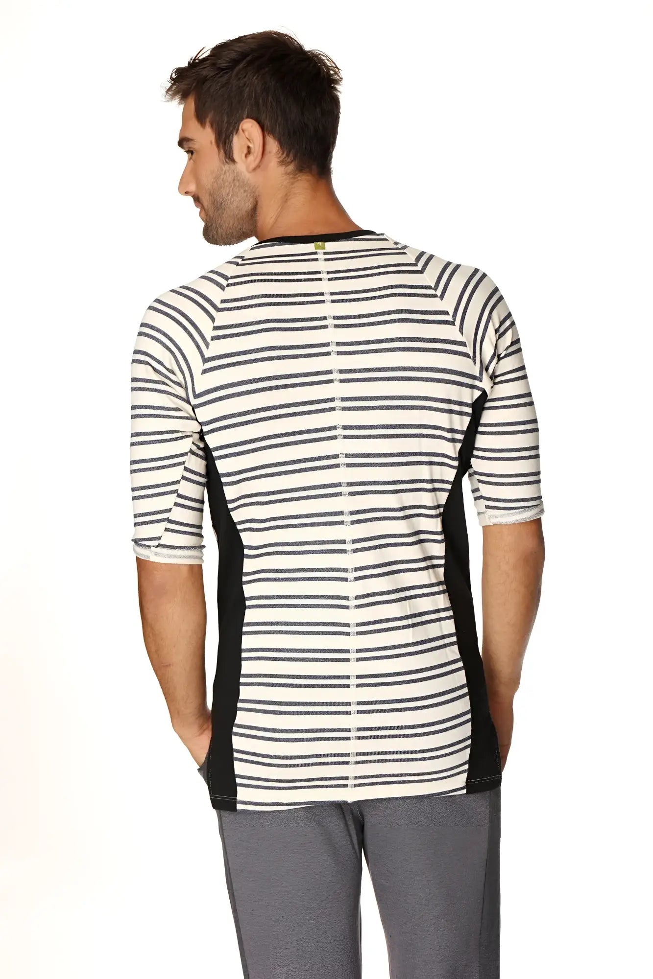4-rth mens vintage-stripe henley tee in french terry loop with white base black stripes and black side panels