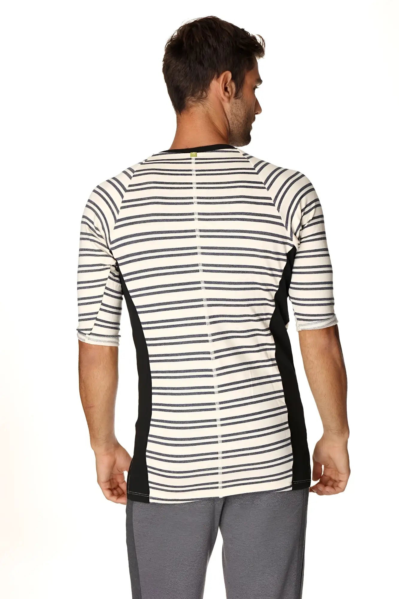 A men’s three-quarter sleeve athletic henley tee in navy double stripe french terry loop with black side panels