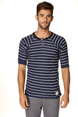 Navy blue and white striped short-sleeved henley shirt with black ribbed collar and cuffs in french terry loop fabric