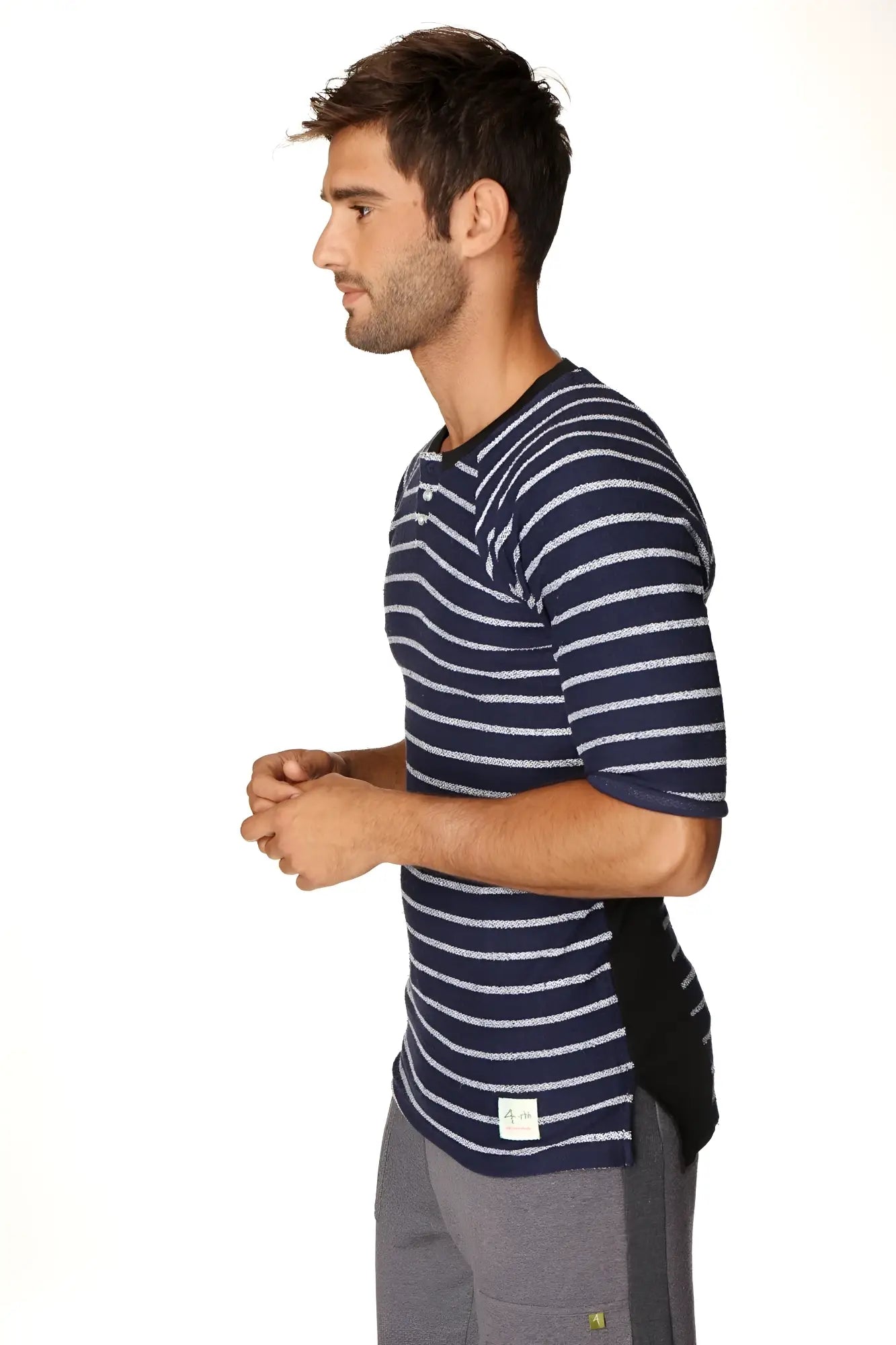 Navy blue and white striped short sleeve henley tee with black side panel in french terry loop fabric by 4-rth