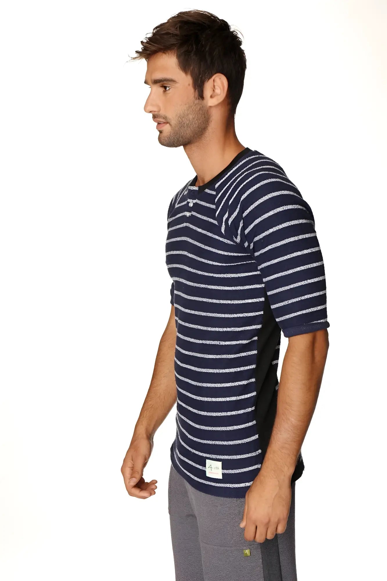 4-rth mens vintage-stripe henley tee in navy with white stripes and black side panels made from french terry loop