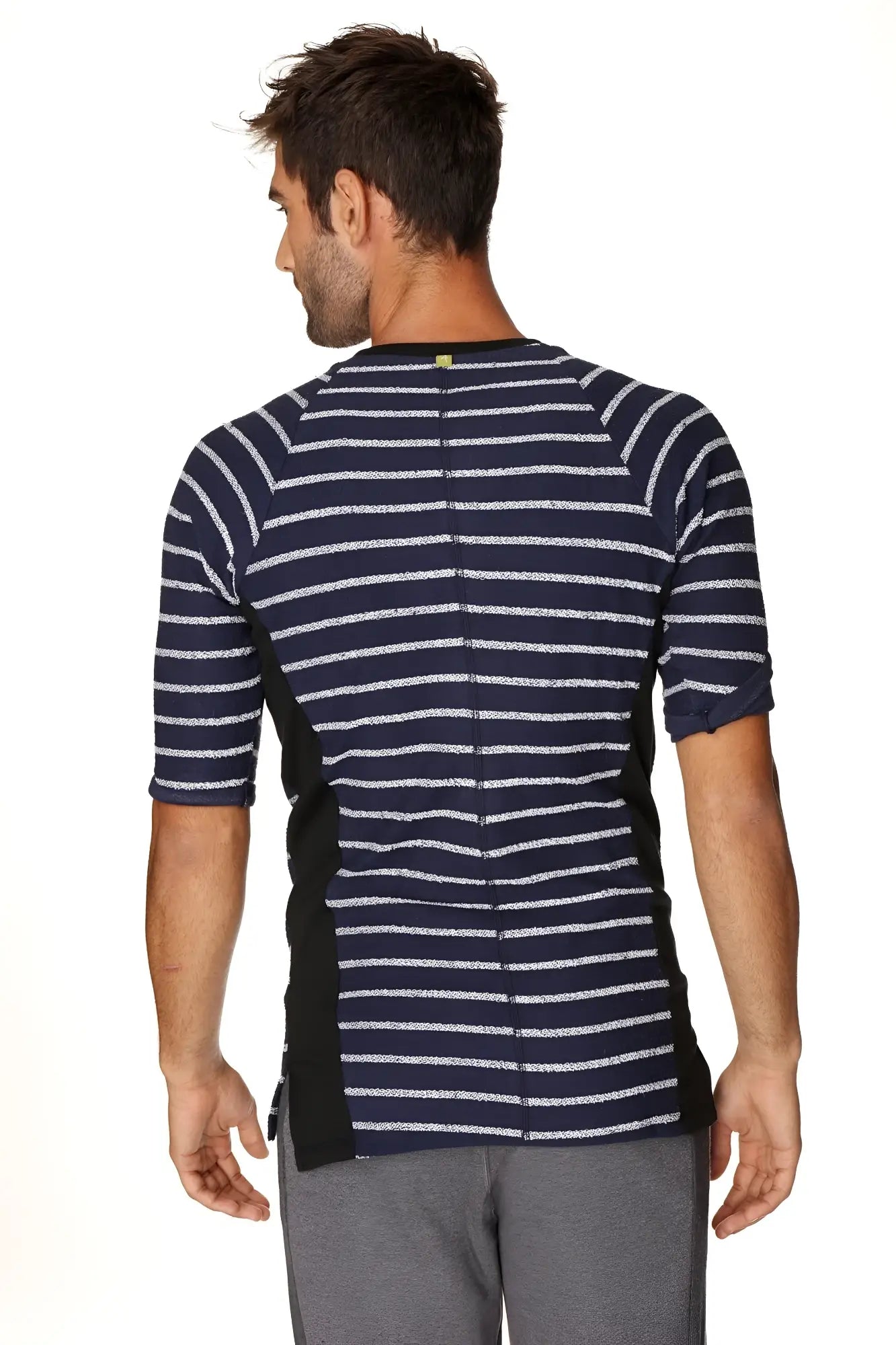 4-rth mens vintage-stripe henley tee navy with white stripes black panels in french terry loop short-sleeved athletic shirt