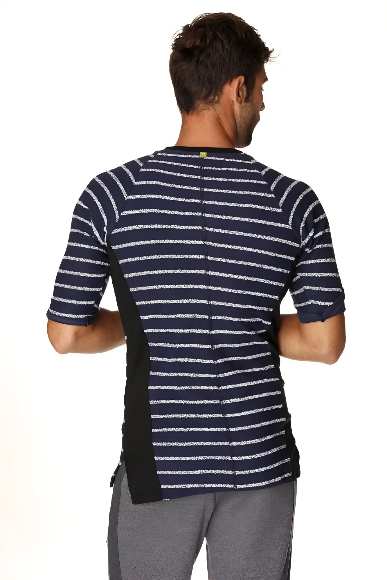 4-rth mens vintage-stripe henley tee navy blue and white striped short-sleeved french terry loop shirt with black panels