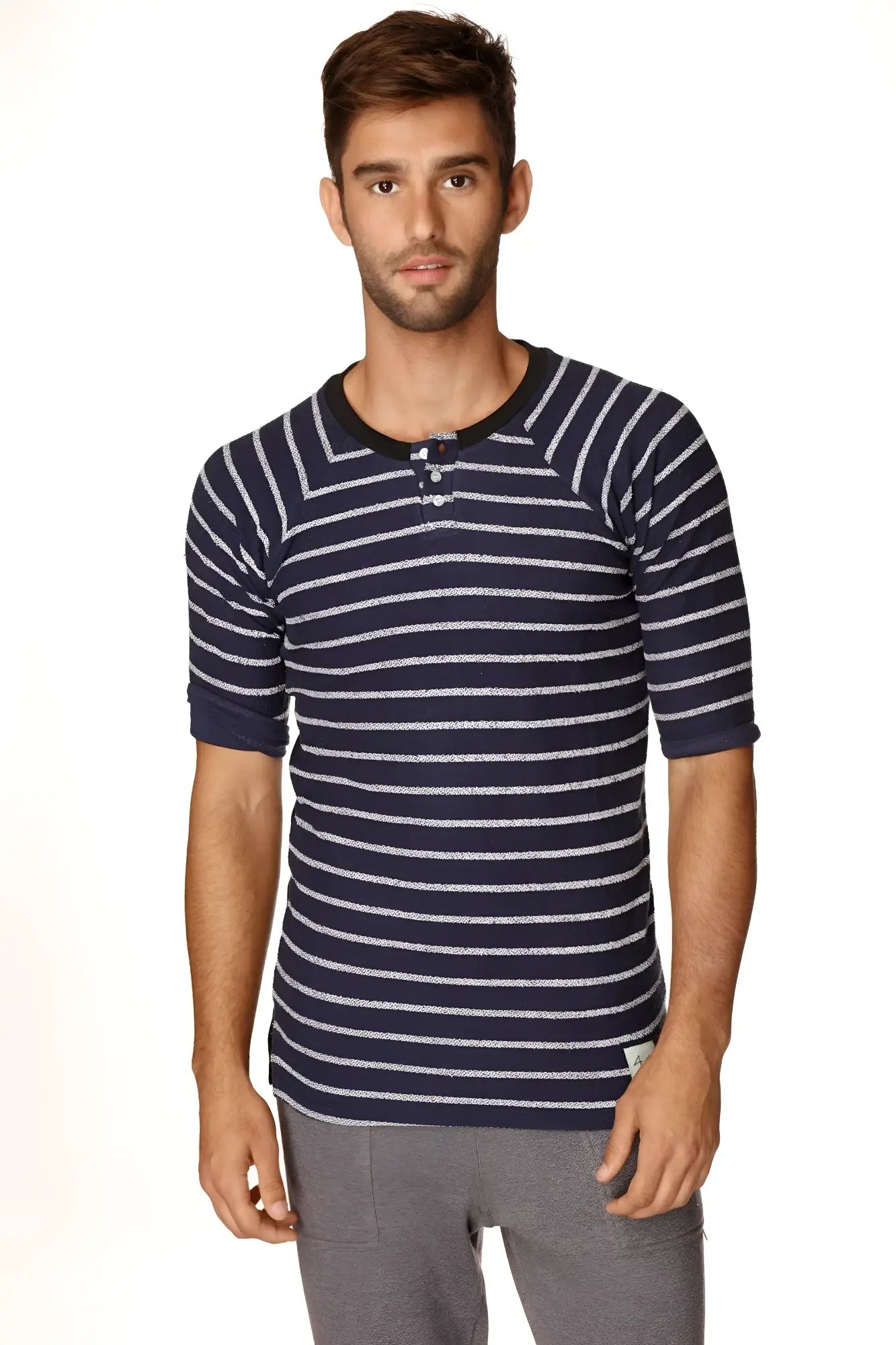 Navy blue and white striped short-sleeved henley tee with buttoned placket in french terry loop by 4-rth mens vintage-stripe