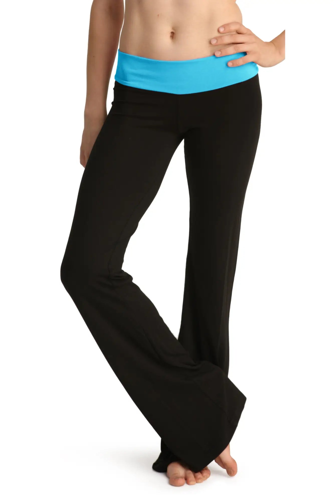 4-rth women’s classic yoga pant in black flared style with bright blue elastic waistband for comfortable wear