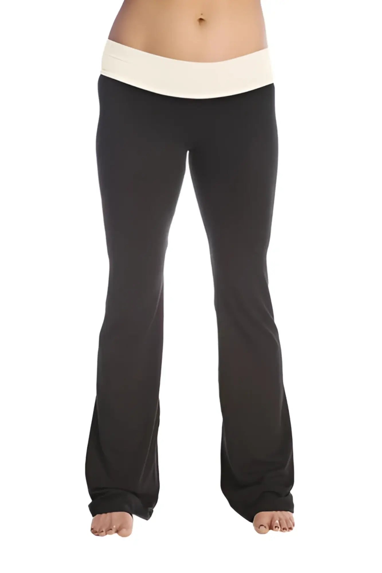 4-rth women’s classic black flared yoga pants with a contrasting cream elastic waistband for activewear