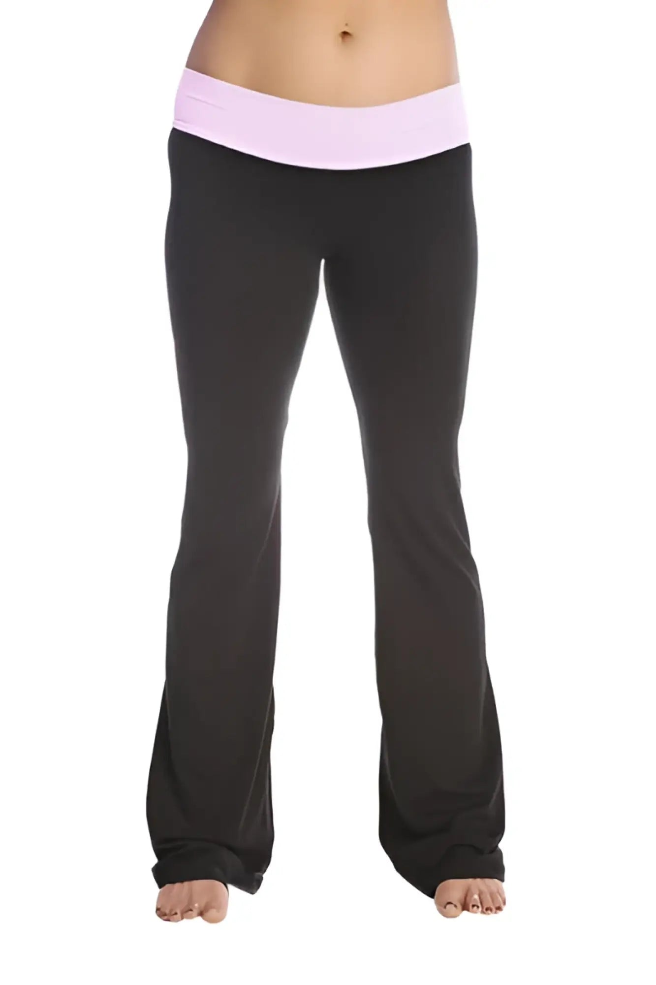 Black flared 4-rth women’s classic yoga pants with light pink elastic waistband for comfortable activewear