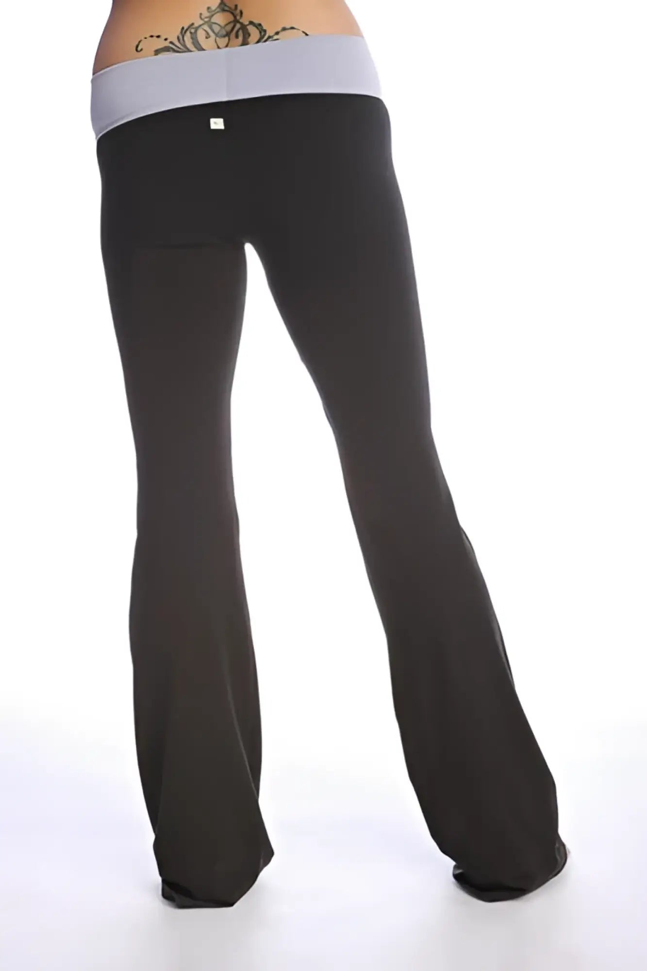 Black flared 4-rth women’s classic yoga pants with light gray elastic waistband for comfortable activewear