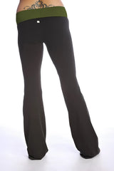 4-rth women’s classic yoga pant in black flared fabric with olive green elastic waistband for comfortable workouts