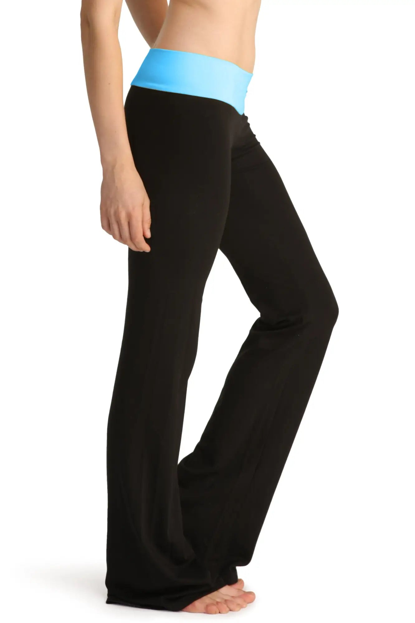 Black high-waisted 4-rth women’s classic yoga pant with light blue elastic waistband for comfortable activewear