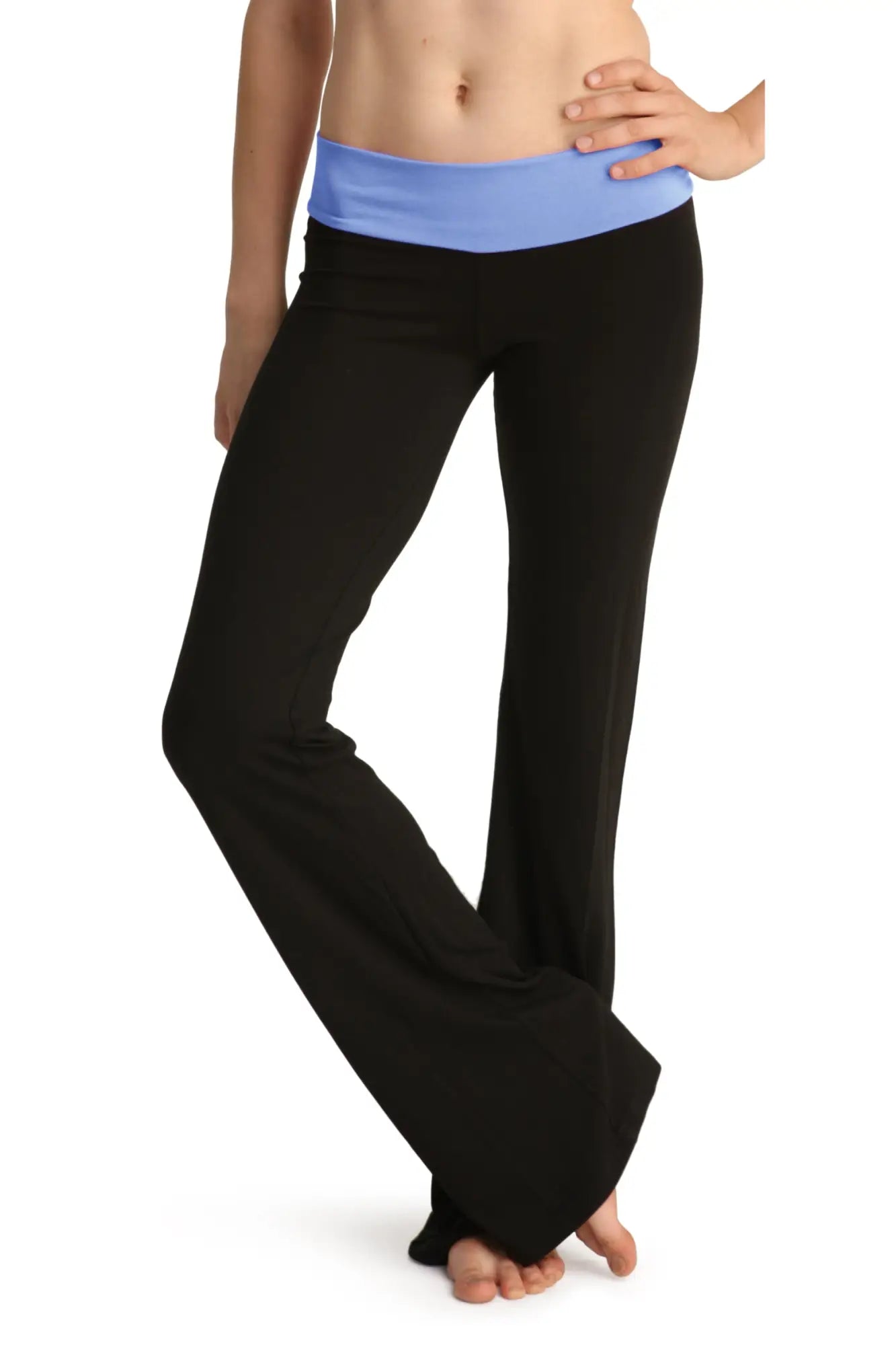 Black 4-rth women’s classic yoga pants with light blue elastic waistband designed for comfortable activewear