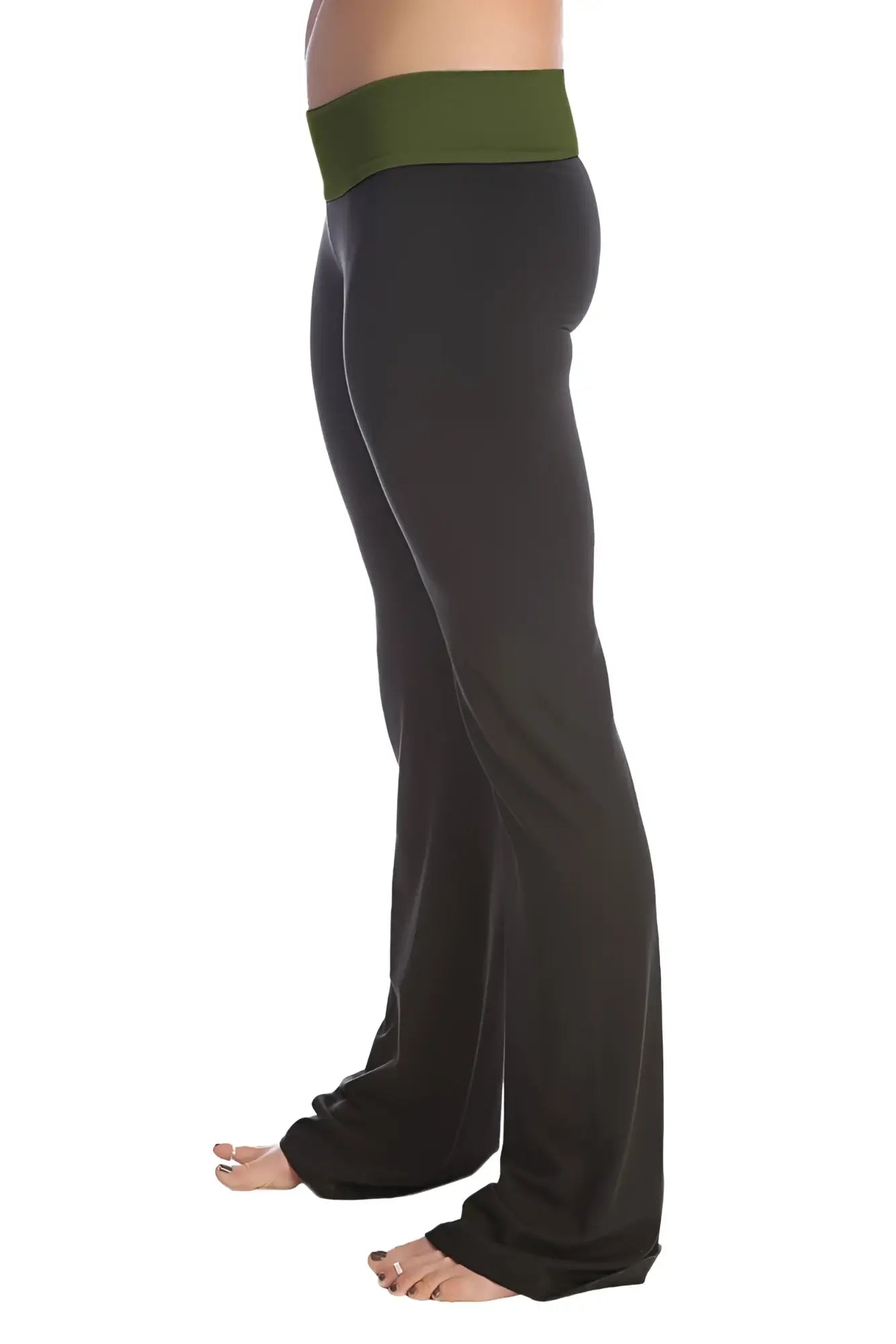 4-rth women’s classic yoga pant in black with olive green elastic waistband designed for comfortable flexibility