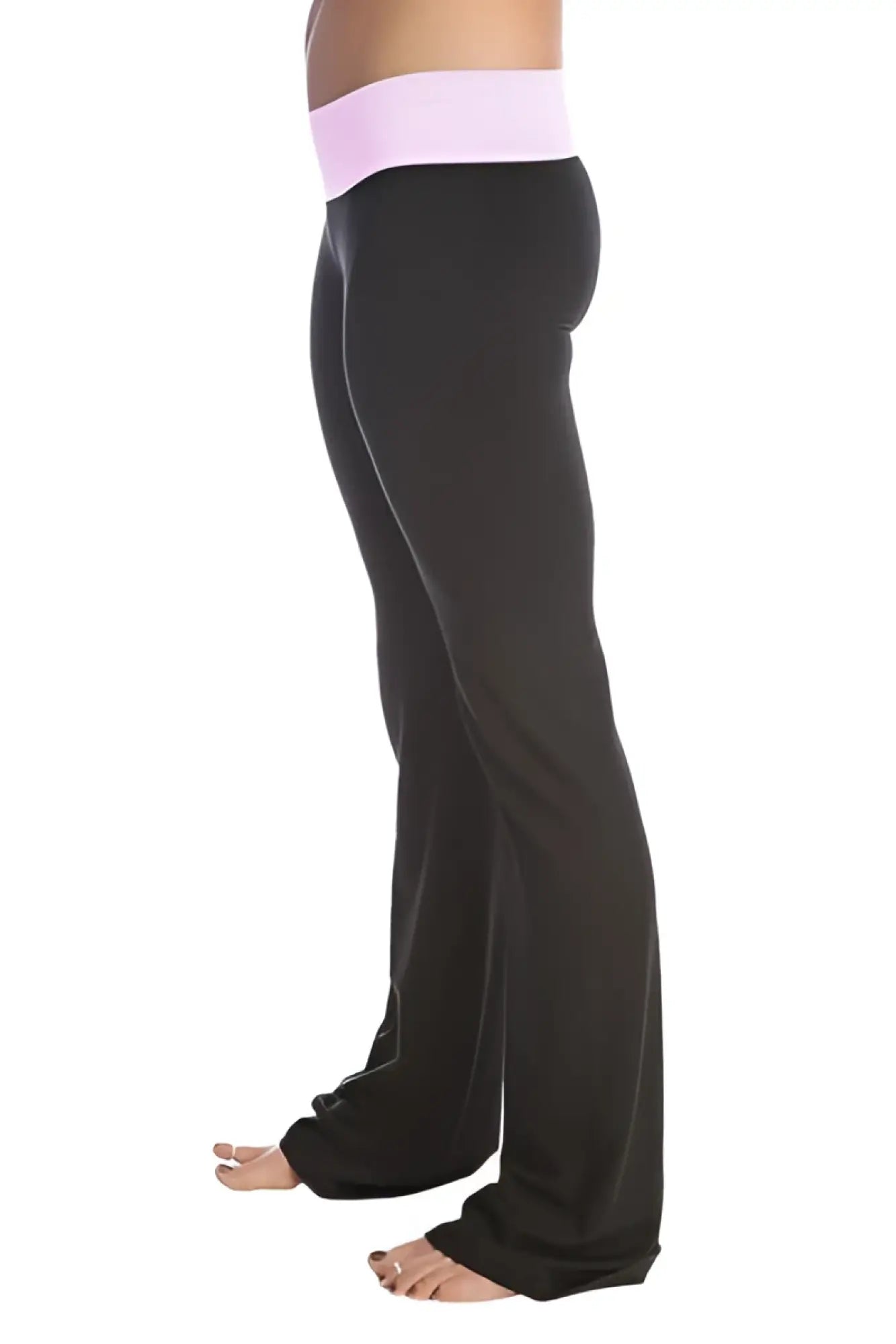 4-rth women’s classic yoga pant in black with a soft pink elastic waistband made from stretchy fabric