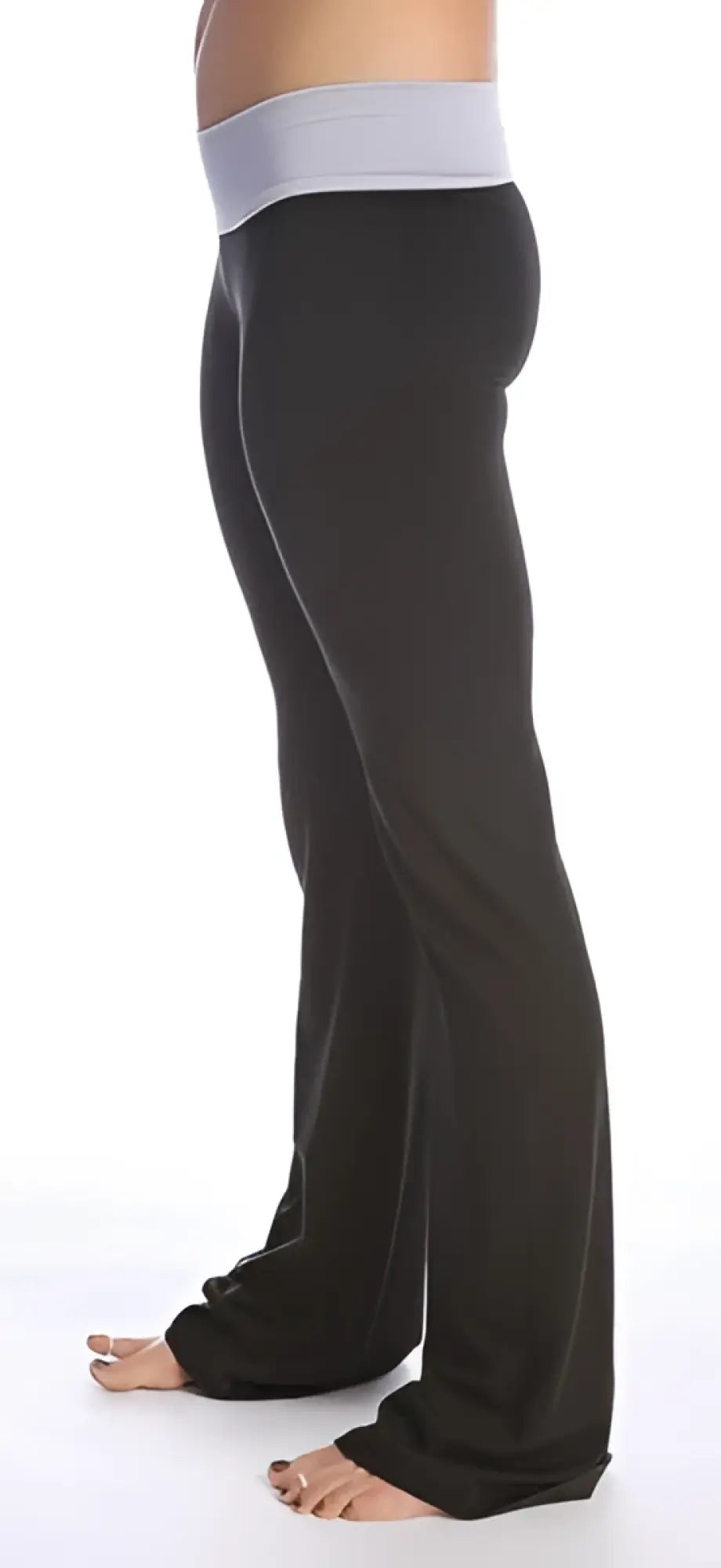 4-rth women’s classic yoga pant featuring black stretchy fabric and a light gray elastic waistband for comfort