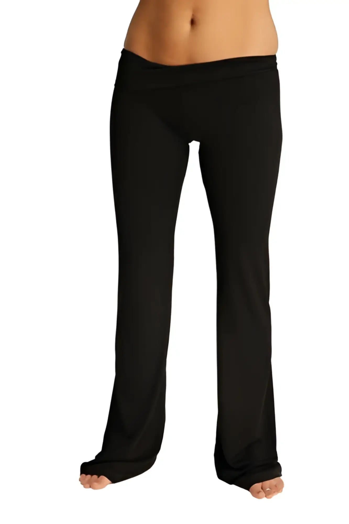 4-rth women’s classic yoga pant in black stretchy fabric with wide elastic waistband and ankle-length legs