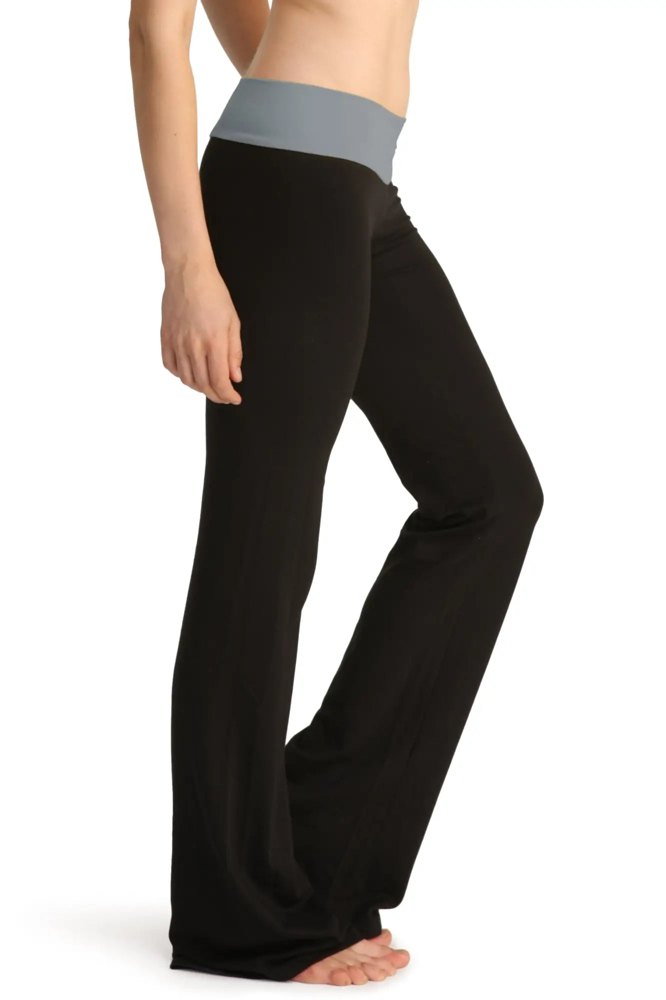 4-rth Women’s classic black wide-leg yoga pants with contrasting gray elastic waistband for comfortable workouts