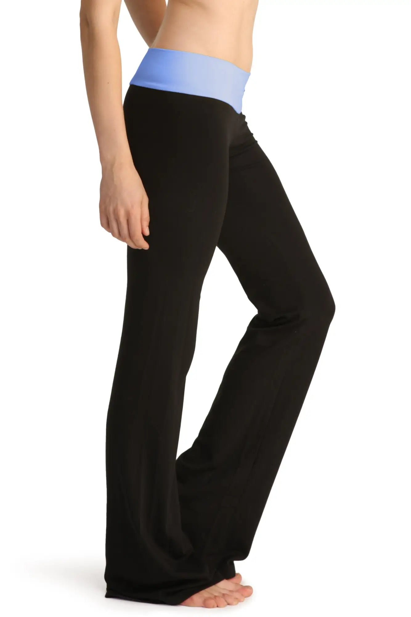 Black wide-leg 4-rth women’s classic yoga pants with light blue elastic waistband for comfortable workouts