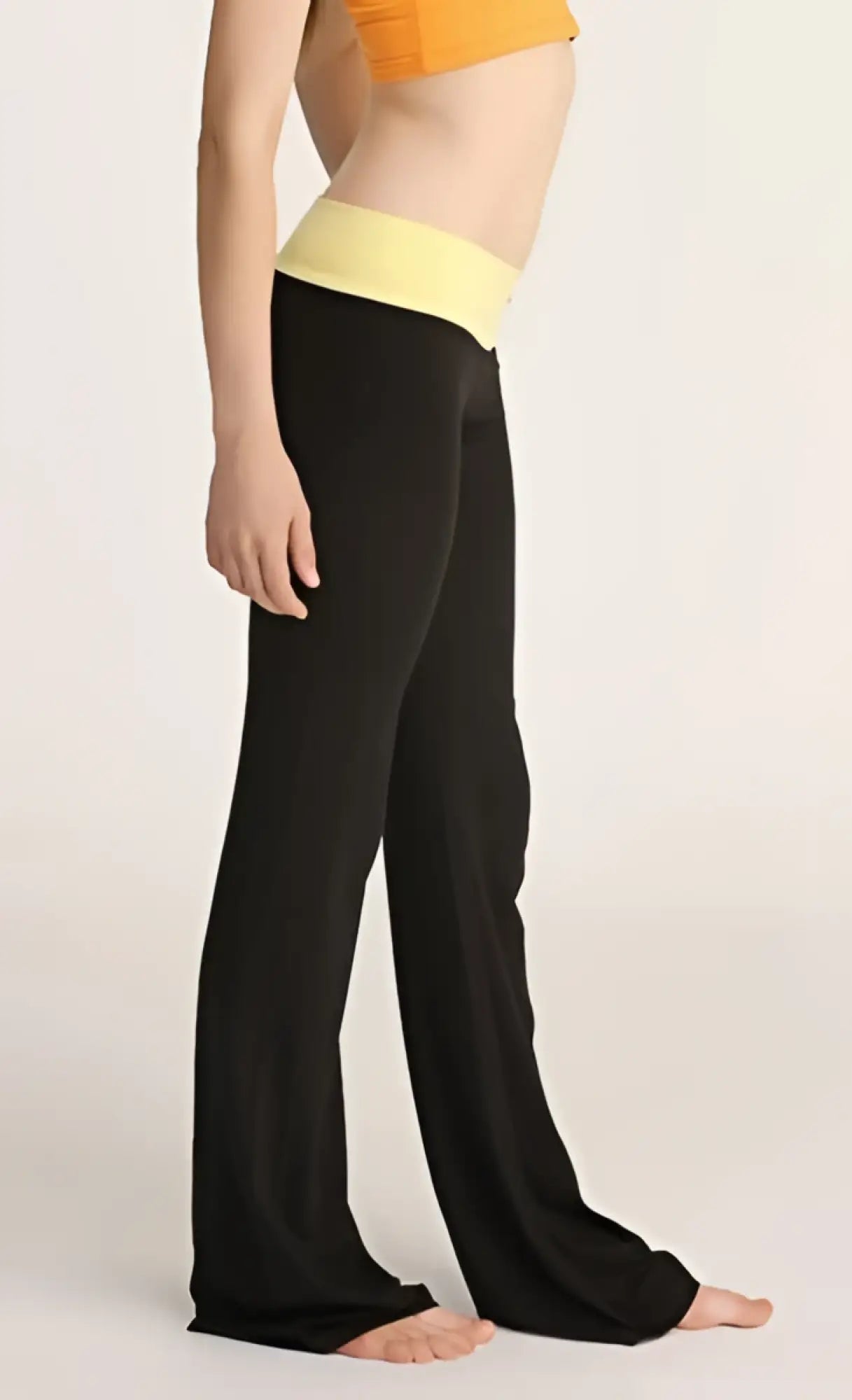 4-rth women’s classic yoga pant black wide-leg pants with yellow elastic waistband for comfortable workouts