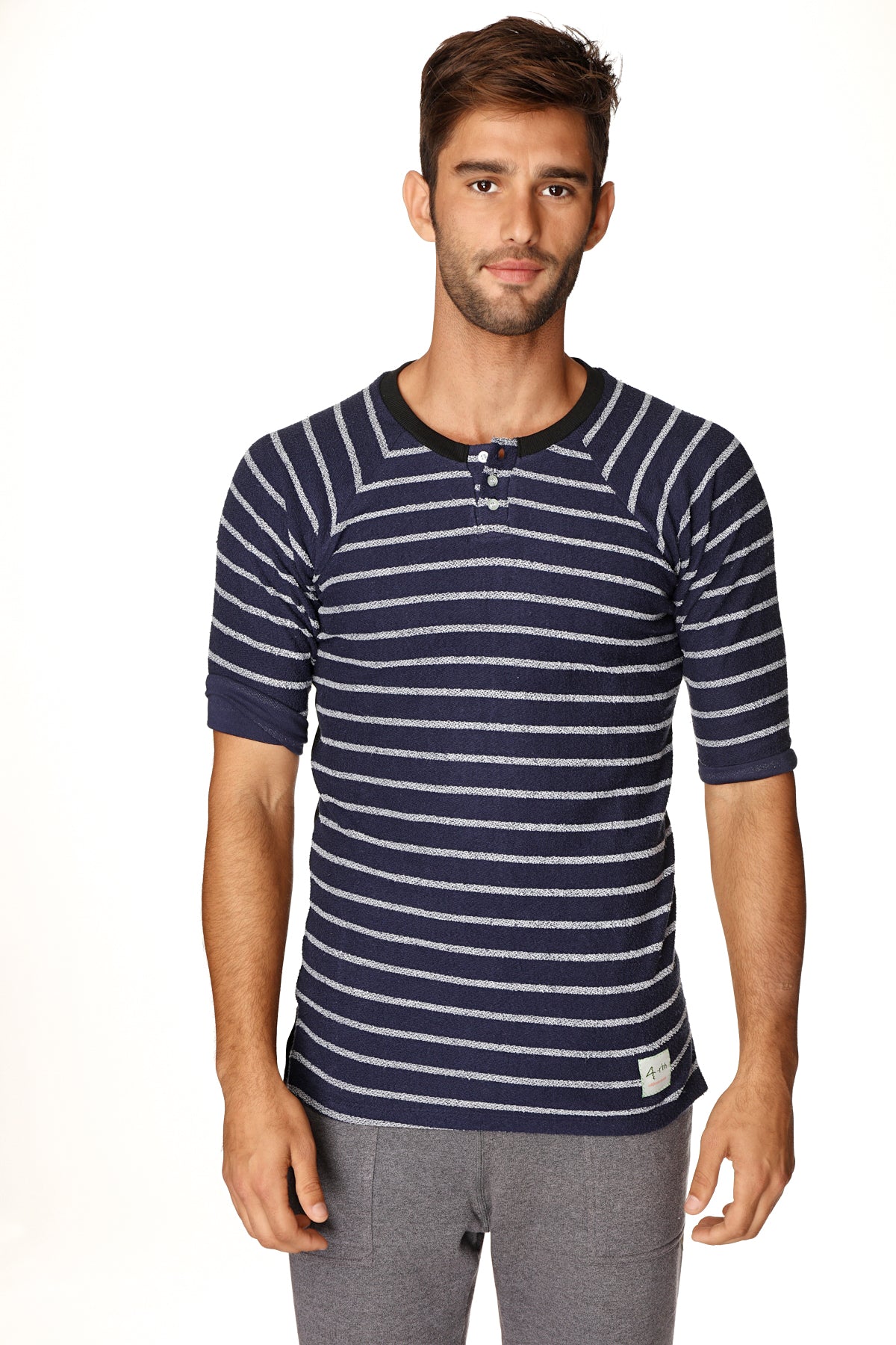 T-shirt Henley à rayures vintage pour homme 4-rth en molleton bouclé (bleu marine à rayures)