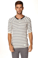 T-shirt Henley à rayures vintage pour homme 4-rth en molleton bouclé (double rayure marine)