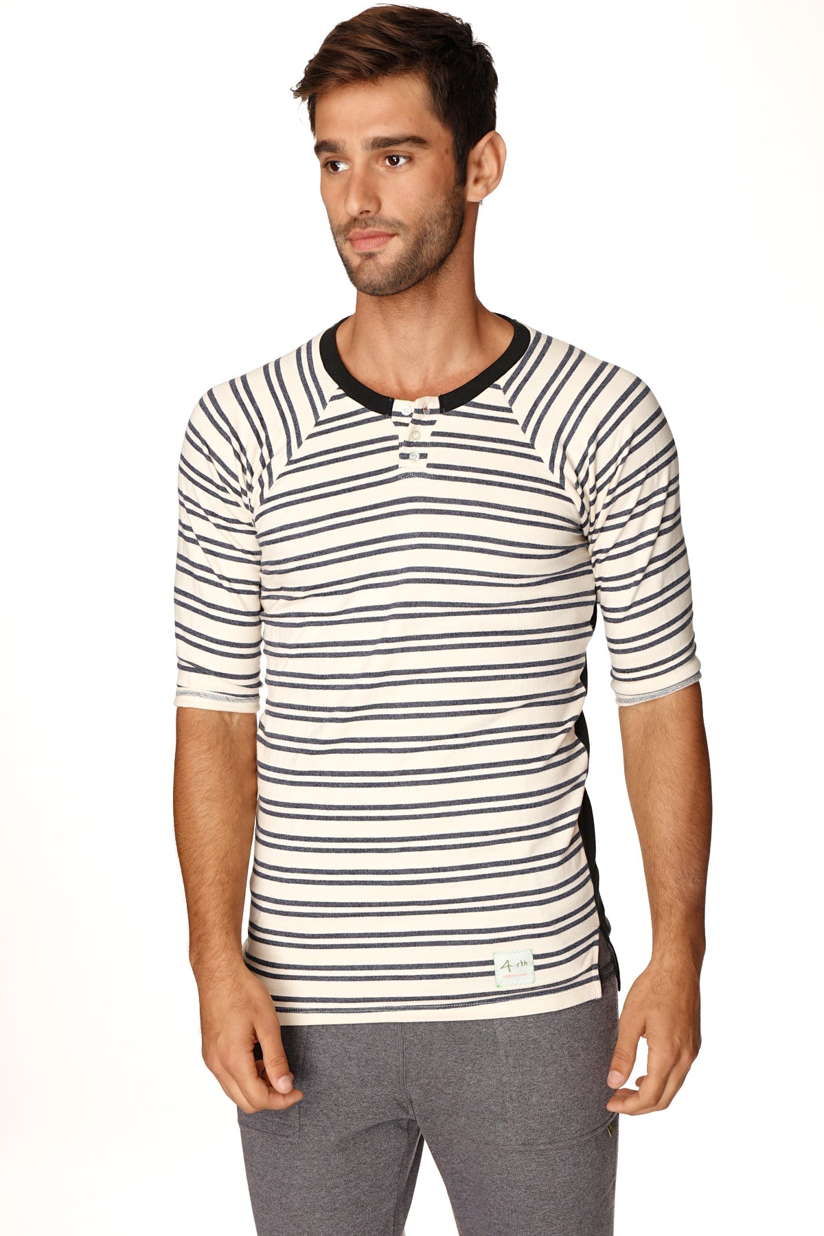 T-shirt Henley à rayures vintage pour homme 4-rth en molleton bouclé (double rayure marine)