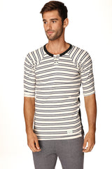 T-shirt Henley à rayures vintage pour homme 4-rth en molleton bouclé (double rayure marine)