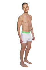 White boxer briefs with bright green elastic waistband branded 47 suitable for performance yoga leggings arctic white
