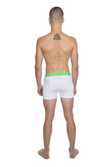 White boxer briefs with bright green elastic waistband designed for performance yoga leggings in arctic white color
