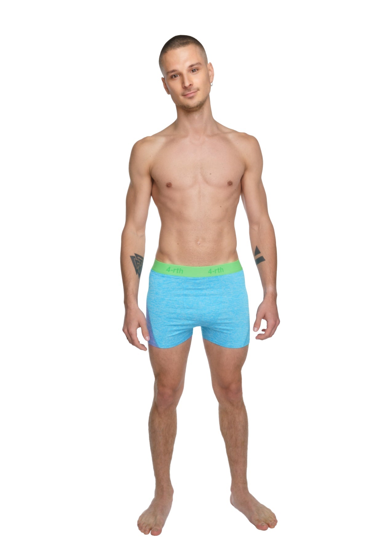 Light blue boxer briefs with bright green elastic waistband designed for comfort and performance during yoga workouts