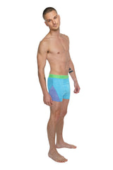 Performance yoga leggings short coral heather featuring light blue and purple athletic briefs with a bright green waistband