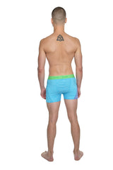 Light blue boxer briefs with bright green elastic waistband designed for performance yoga and activewear use