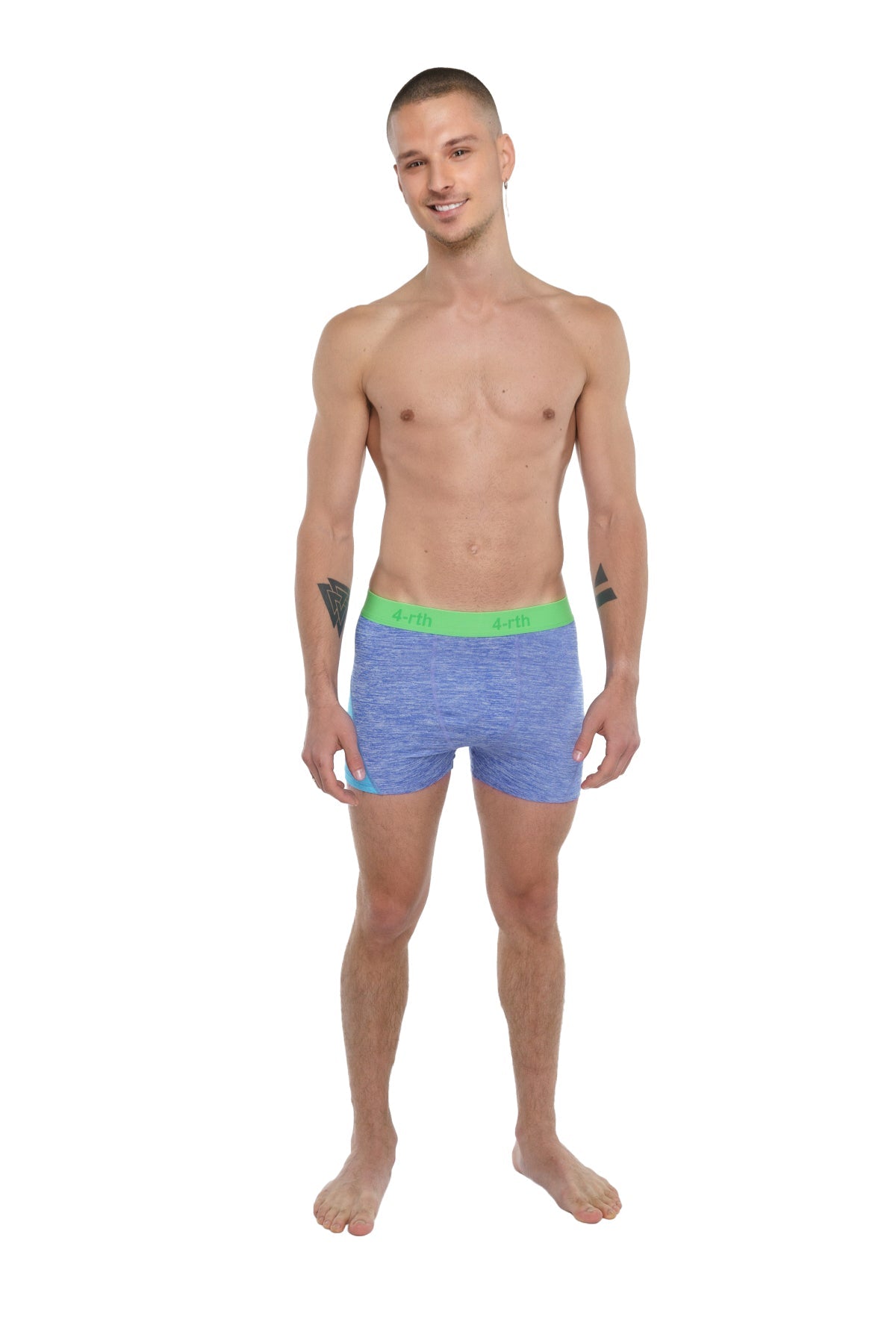 Blue heathered boxer briefs with bright green elastic waistband designed for performance yoga leggings short lavender heather