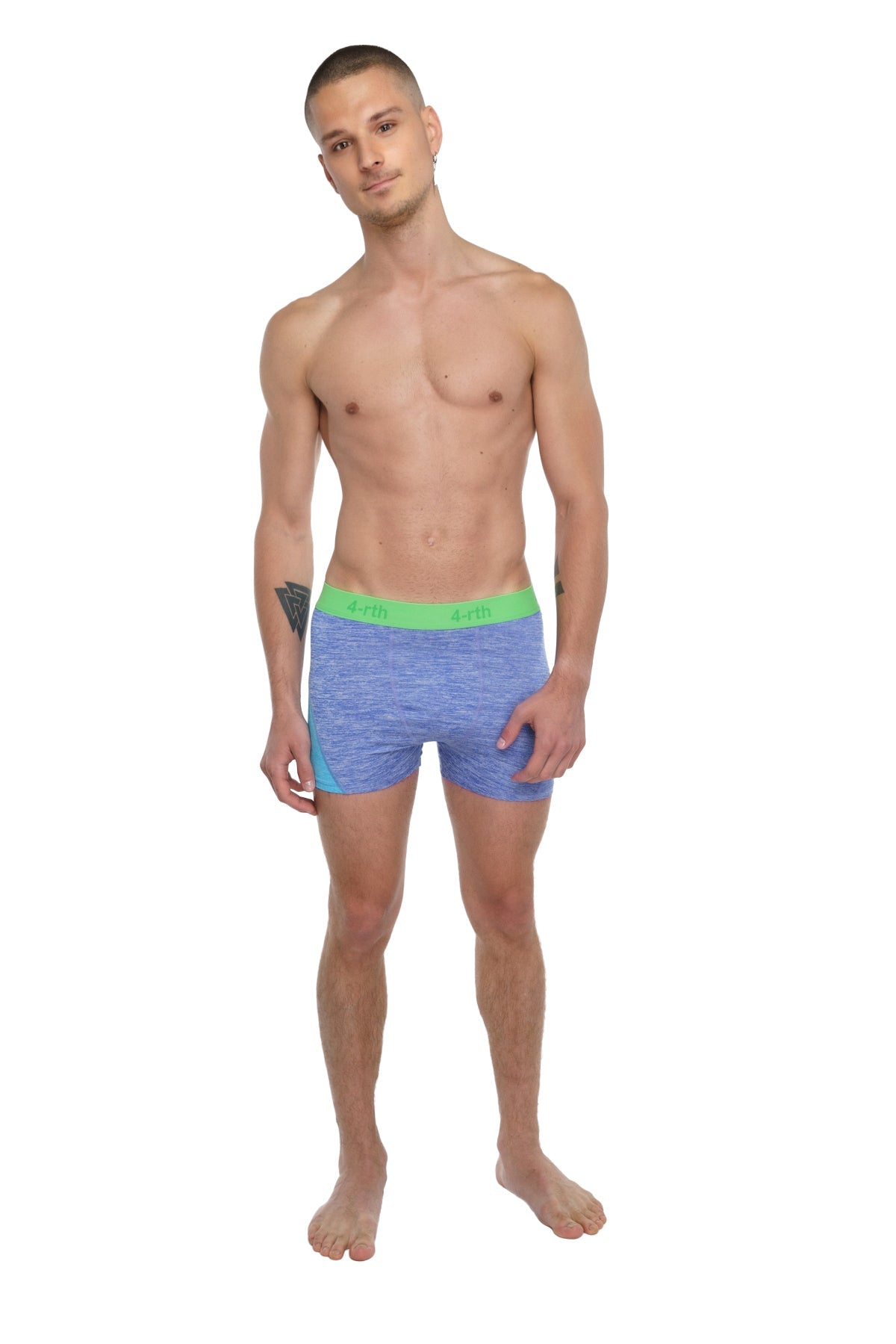 Blue heathered boxer briefs with bright green waistband and teal side panels for performance yoga leggings short lavender heather