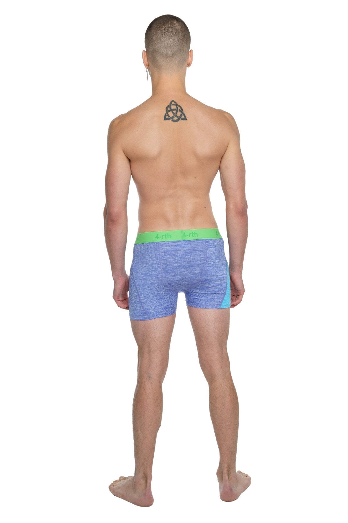 Blue heathered boxer briefs with a bright green waistband designed for performance yoga leggings use