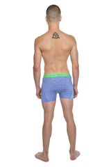Blue heathered boxer briefs with a bright green waistband designed for performance yoga leggings use